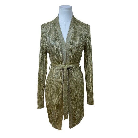 Love Sense Womens Gold Metallic Open-Knit Cardigan Belted Long Sleeves Size S - Picture 1 of 8